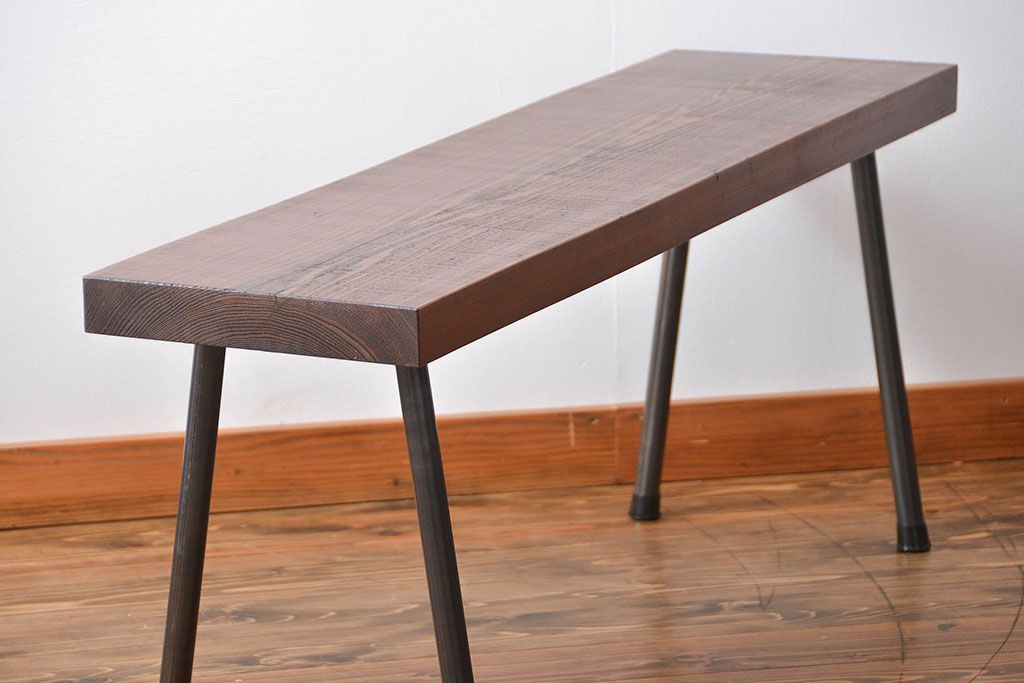 レトロ家具　昭和レトロ 天板一枚板　鉄脚ベンチ(1)
