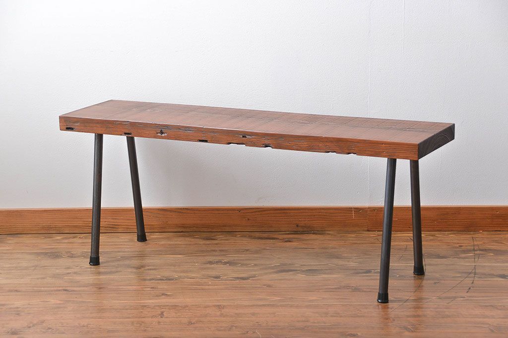 レトロ家具　昭和レトロ 天板一枚板　鉄脚ベンチ(1)