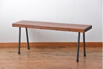 レトロ家具　昭和レトロ 天板一枚板　鉄脚ベンチ(1)