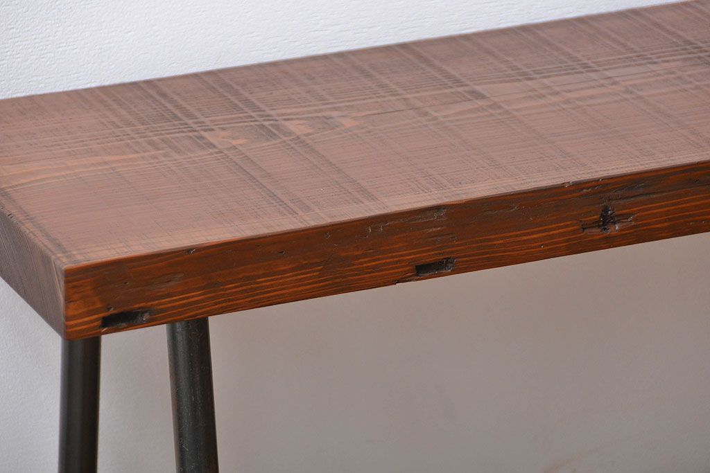 レトロ家具　昭和レトロ 天板一枚板　鉄脚ベンチ(1)