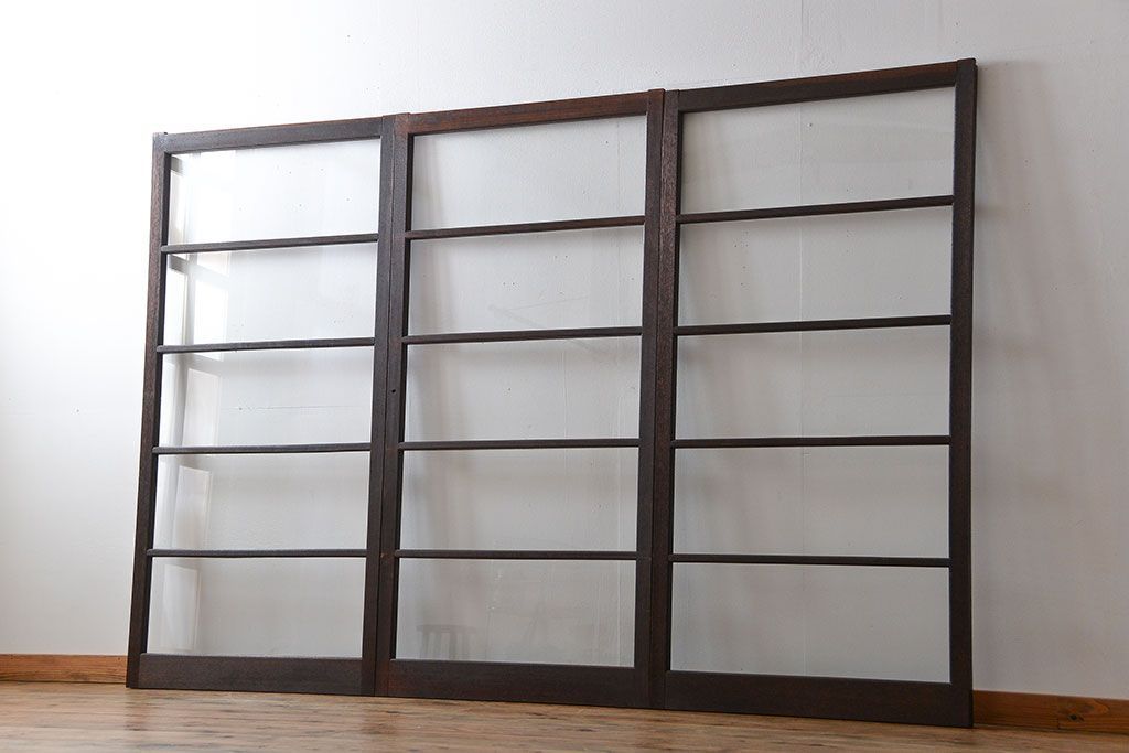 アンティーク　シンプルなガラス戸3枚セット(引き戸、建具)