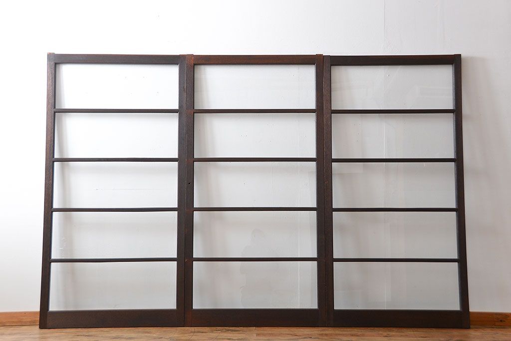 アンティーク　シンプルなガラス戸3枚セット(引き戸、建具)