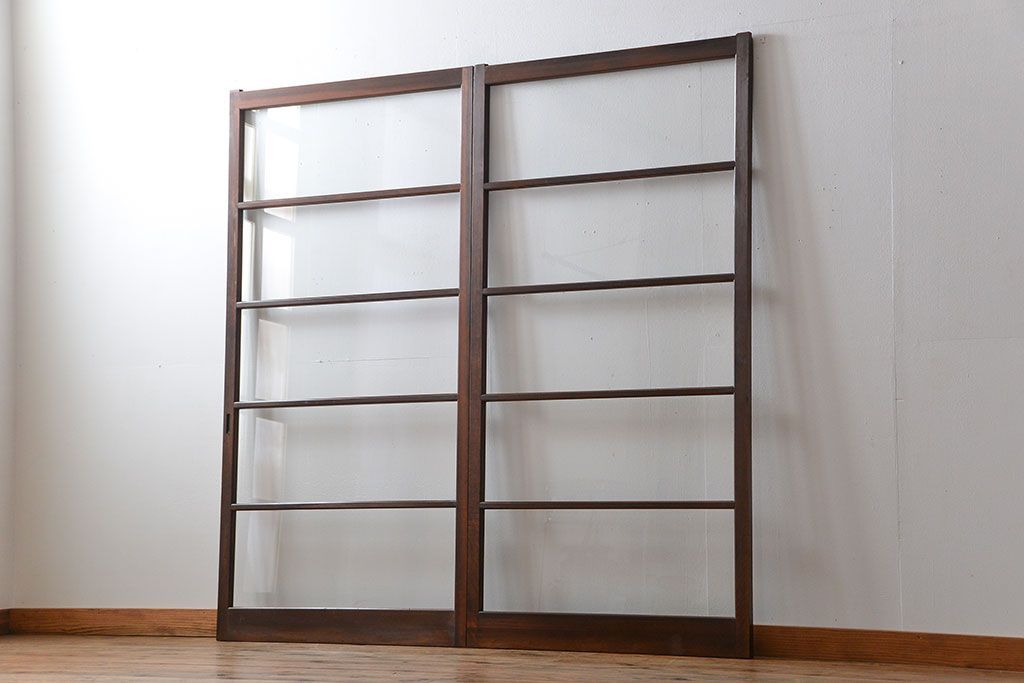 アンティーク　シンプルなガラス戸2枚セット(引き戸、建具)