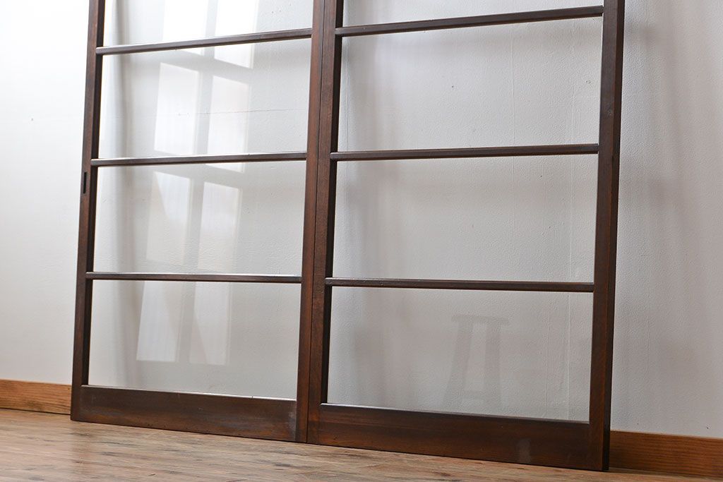 アンティーク　シンプルなガラス戸2枚セット(引き戸、建具)