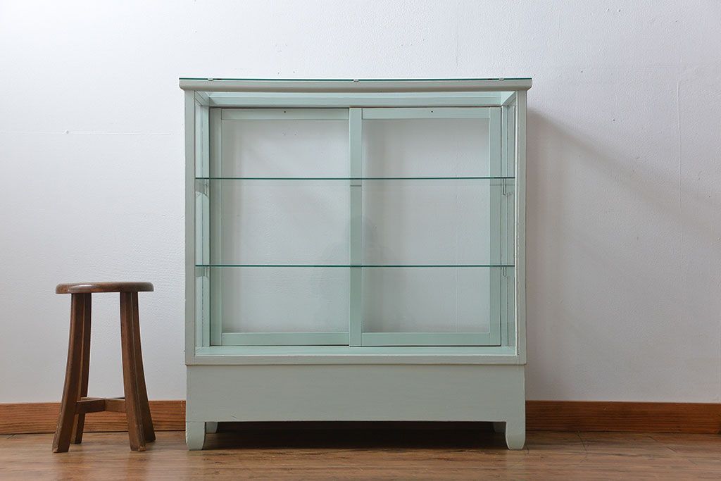 アンティーク家具　アンティーク 引き出し付きペイントガラスケース(ショーケース)