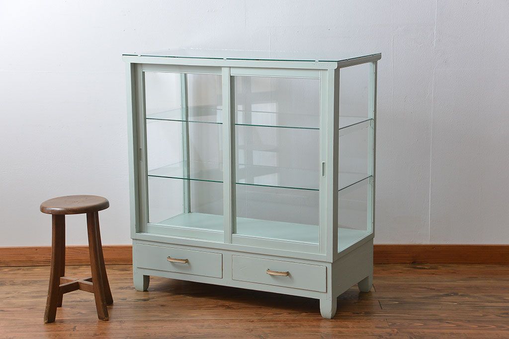 アンティーク家具　アンティーク 引き出し付きペイントガラスケース(ショーケース)