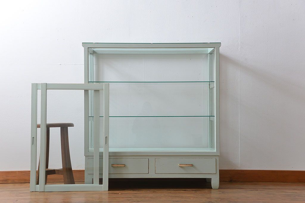 アンティーク家具　アンティーク 引き出し付きペイントガラスケース(ショーケース)