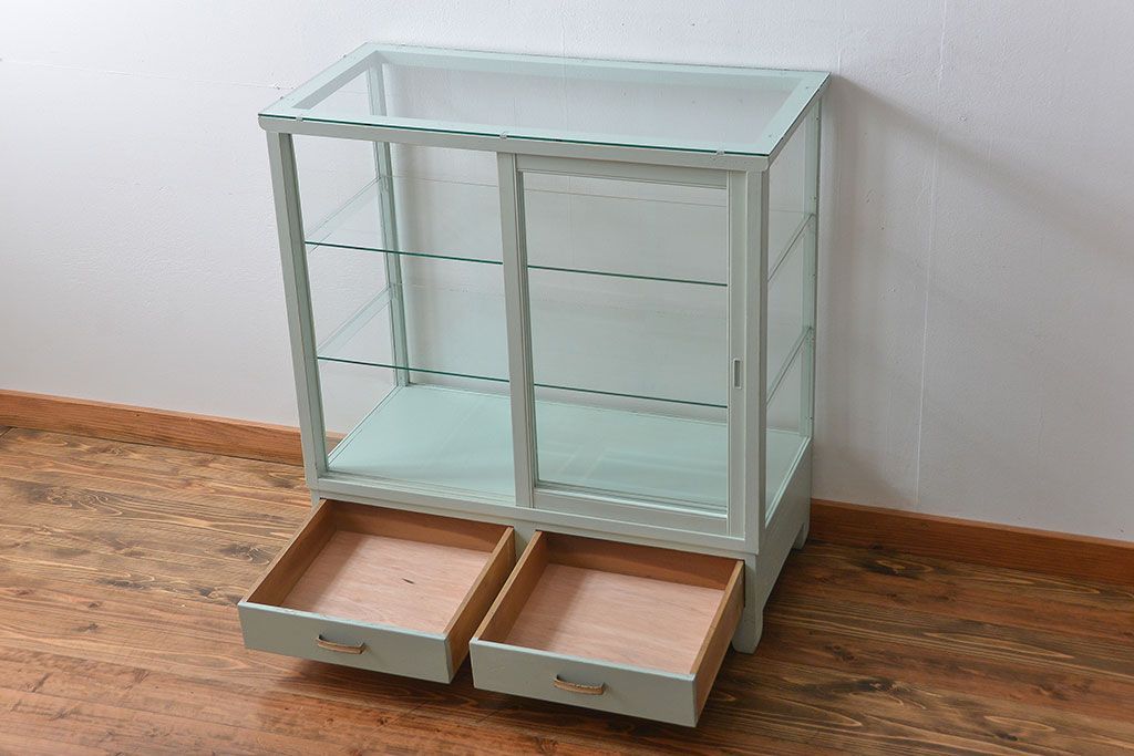 アンティーク家具　アンティーク 引き出し付きペイントガラスケース(ショーケース)
