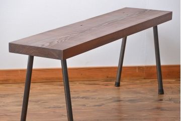 レトロ家具　昭和レトロ 天板一枚板　古材を使った鉄脚ベンチ(1)