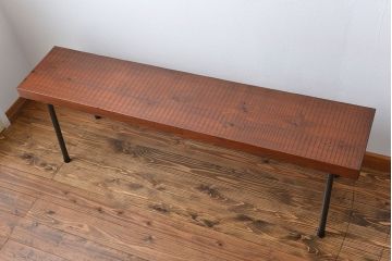 レトロ家具　昭和レトロ　天板一枚板　古材を使った鉄脚ベンチ(3)