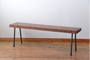 レトロ家具　昭和レトロ　天板一枚板　古材を使った鉄脚ベンチ(3)