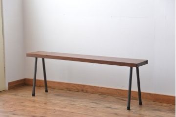 レトロ家具　昭和レトロ　天板一枚板　古材を使った鉄脚ベンチ(4)