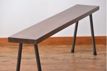レトロ家具　昭和レトロ　天板一枚板　古材を使った鉄脚ベンチ(4)