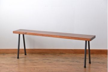 レトロ家具　 昭和レトロ　天板一枚板　古材を使った鉄脚ベンチ(5)