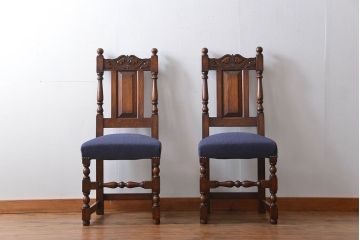 アンティーク家具　イギリスアンティーク 豪華絢爛!オーク材　彫刻の美しいダイニングチェア2脚セット(1)