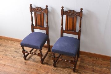 アンティーク家具　イギリスアンティーク 豪華絢爛!オーク材　彫刻の美しいダイニングチェア2脚セット(3)