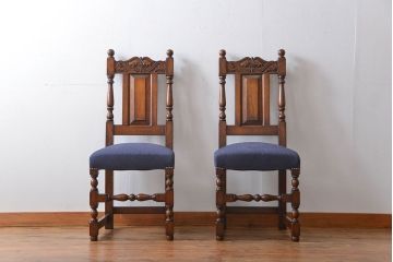 アンティーク家具　イギリスアンティーク 豪華絢爛!オーク材　彫刻の美しいダイニングチェア2脚セット(4)