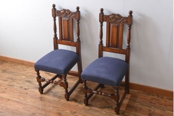 アンティーク家具　イギリスアンティーク 豪華絢爛!オーク材　彫刻の美しいダイニングチェア2脚セット(4)