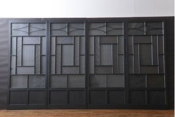 大正ロマン　艶消しブラックペイントの背の高いガラス戸4枚セット(引き戸)