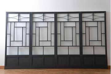 大正ロマン　艶消しブラックペイントの背の高いガラス戸4枚セット(引き戸)