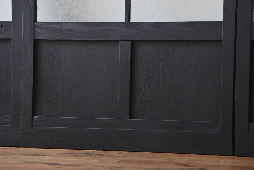 大正ロマン　艶消しブラックペイントの背の高いガラス戸4枚セット(引き戸)