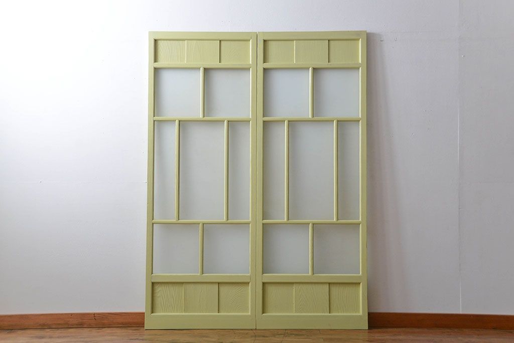 アンティーク 爽やかなカラーのガラス戸2枚セット(引き戸)