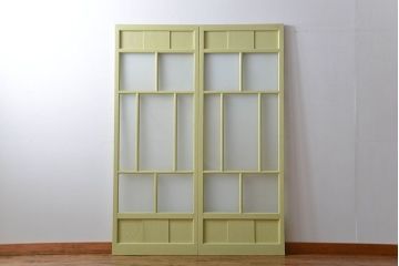 アンティーク 爽やかなカラーのガラス戸2枚セット(引き戸)