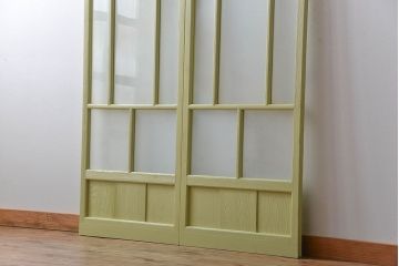 アンティーク 爽やかなカラーのガラス戸2枚セット(引き戸)