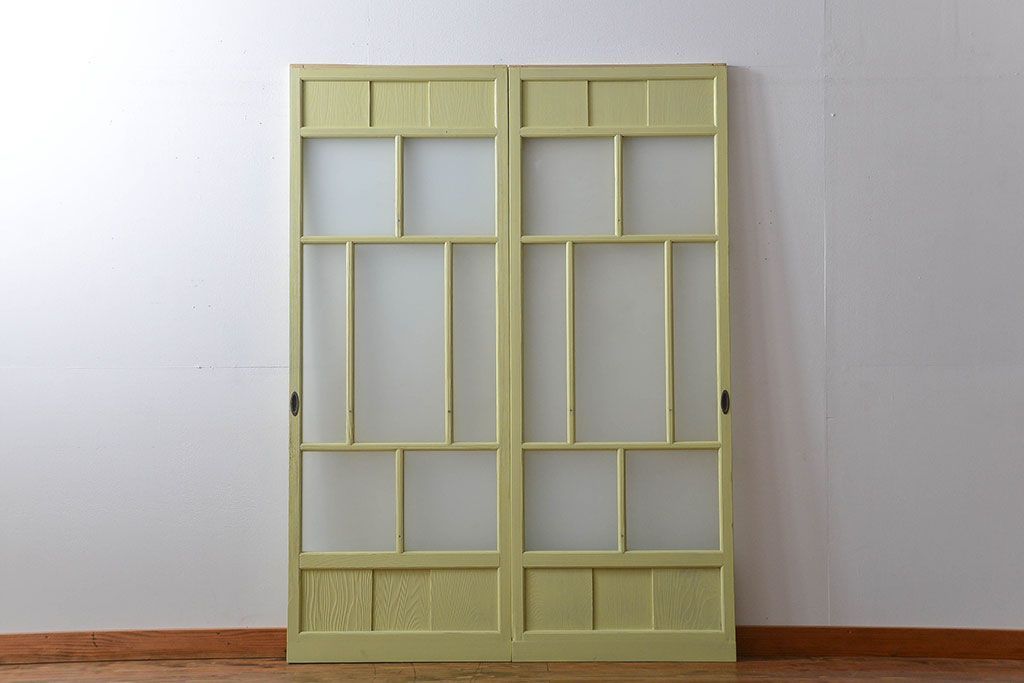 アンティーク 爽やかなカラーのガラス戸2枚セット(引き戸)
