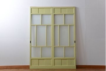 アンティーク 爽やかなカラーのガラス戸2枚セット(引き戸)