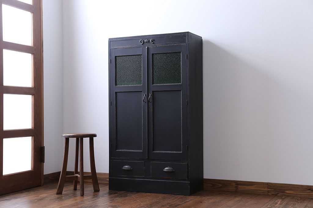 レトロ家具　昭和レトロ　色ガラス入り本箱