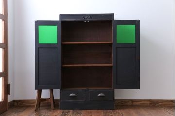 レトロ家具　昭和レトロ　色ガラス入り本箱