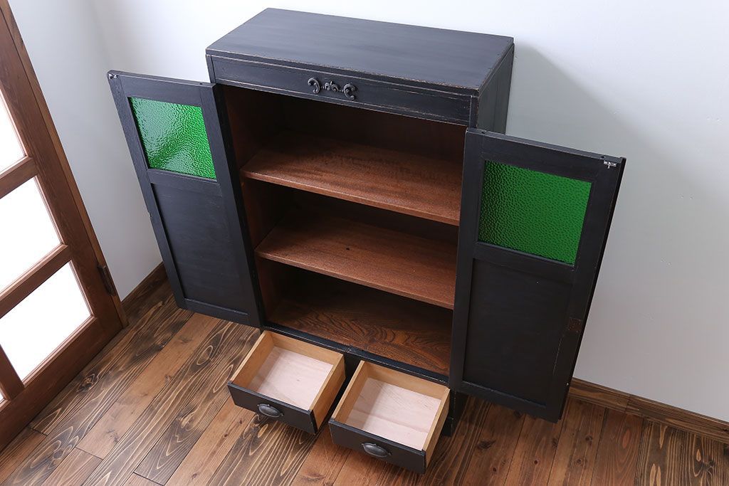 レトロ家具　昭和レトロ　色ガラス入り本箱