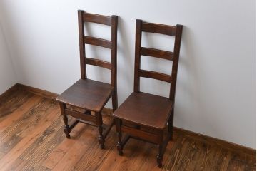 アンティーク家具　イギリスアンティーク オーク材　シックなダイニングチェア2脚セット(1)