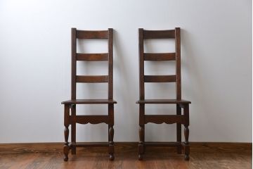 アンティーク家具　イギリスアンティーク オーク材　シックなダイニングチェア2脚セット(2)