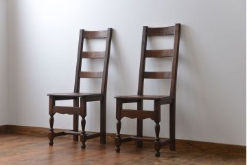 アンティーク家具　イギリスアンティーク オーク材　シックなダイニングチェア2脚セット(2)