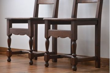 アンティーク家具　イギリスアンティーク オーク材　シックなダイニングチェア2脚セット(2)