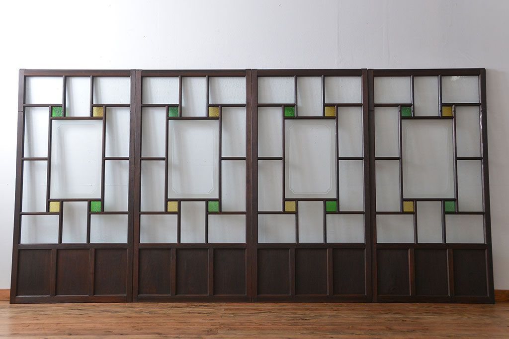 大正ロマン　色ガラス入り幾何学模様の引き戸4枚セット(1)