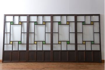 大正ロマン　色ガラス入り幾何学模様の引き戸4枚セット(1)