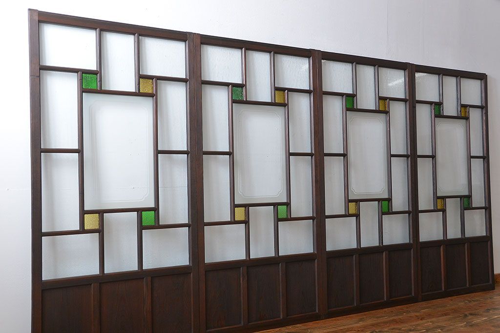 大正ロマン　色ガラス入り幾何学模様の引き戸4枚セット(1)