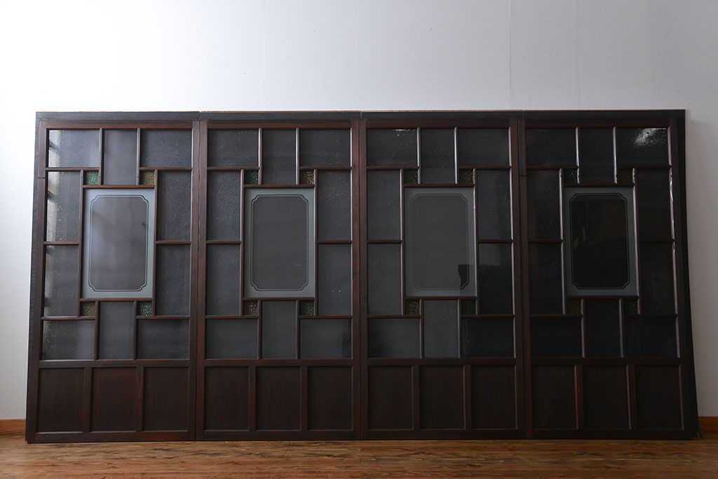 大正ロマン　色ガラス入り幾何学模様の引き戸4枚セット(1)