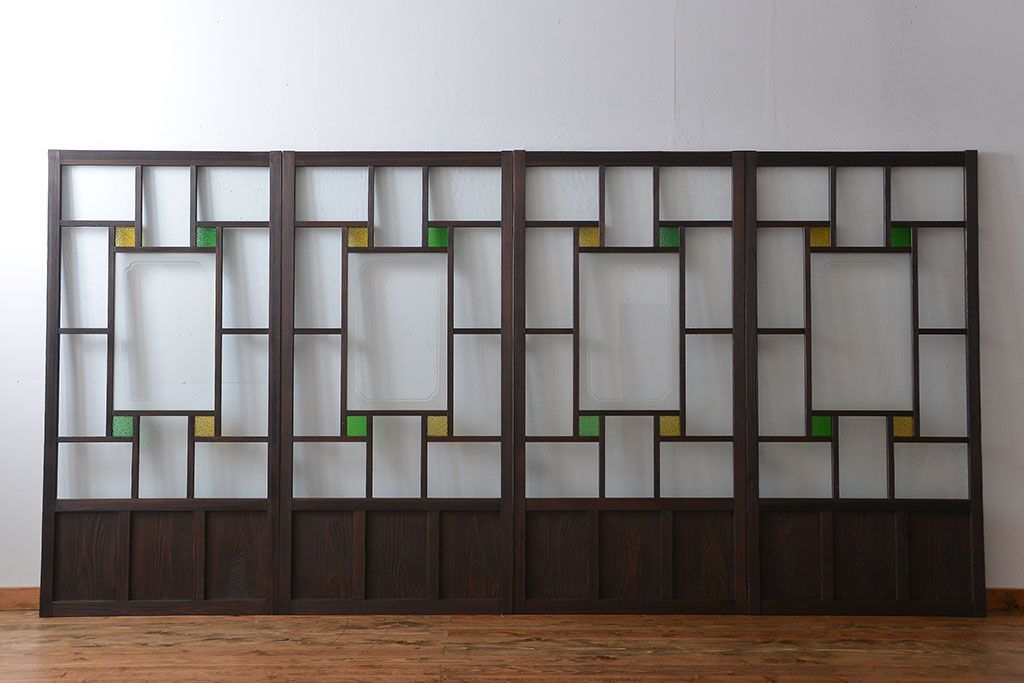 大正ロマン　色ガラス入り幾何学模様の引き戸4枚セット(1)