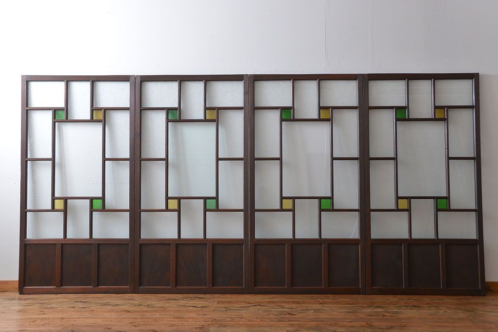 大正ロマン　色ガラス入り幾何学模様の引き戸4枚セット(2)