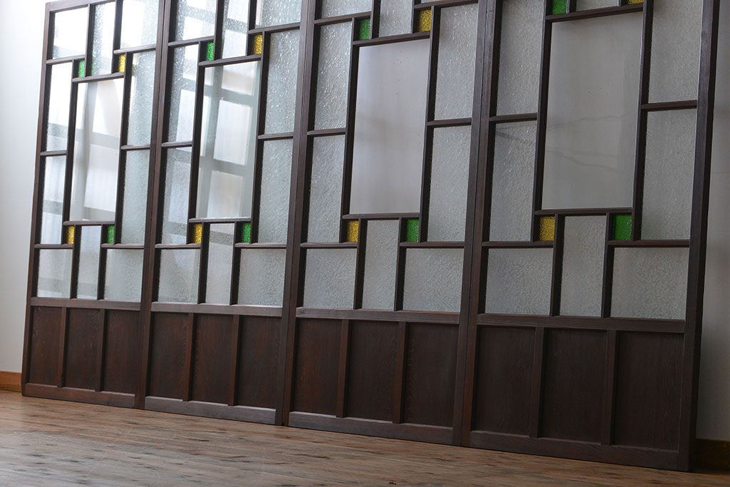 大正ロマン　色ガラス入り幾何学模様の引き戸4枚セット(2)