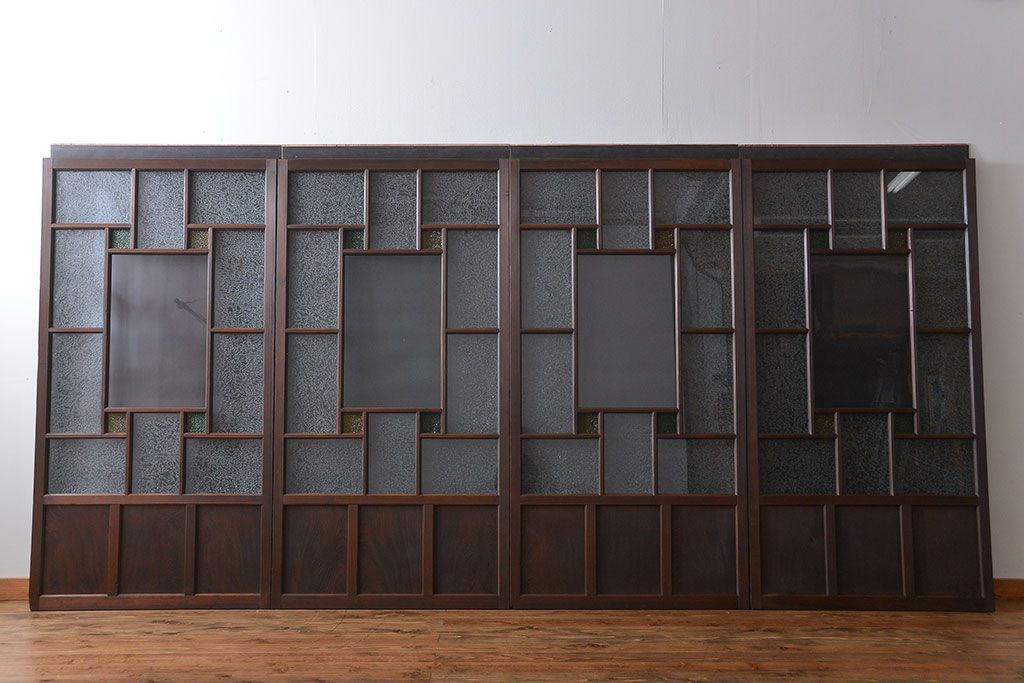 大正ロマン　色ガラス入り幾何学模様の引き戸4枚セット(2)