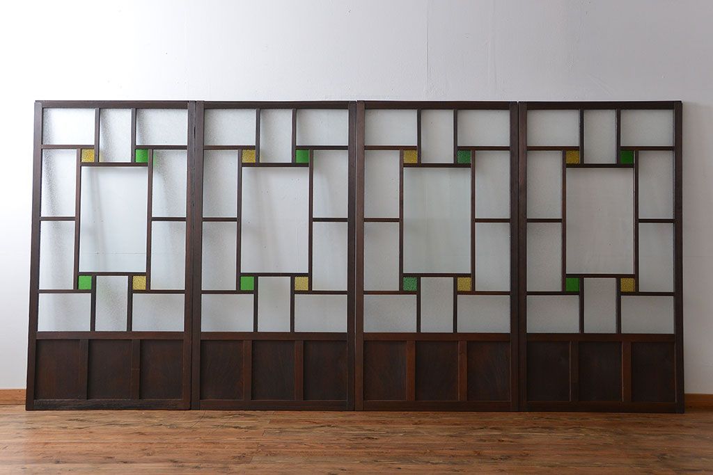 大正ロマン　色ガラス入り幾何学模様の引き戸4枚セット(2)