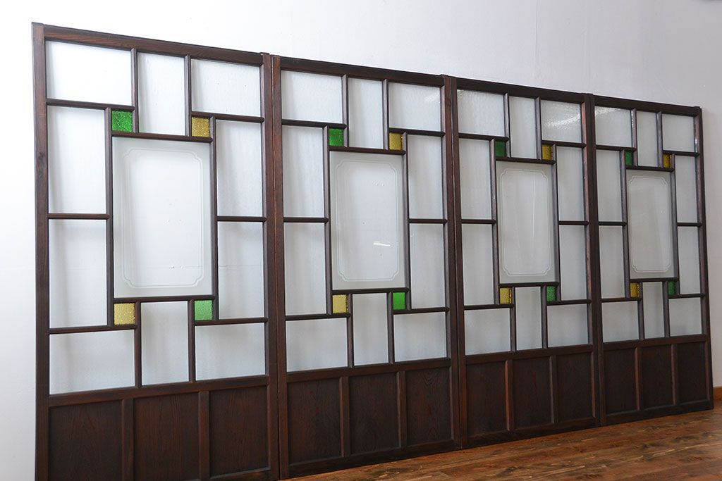 大正ロマン　色ガラス入り幾何学模様の引き戸4枚セット(3)