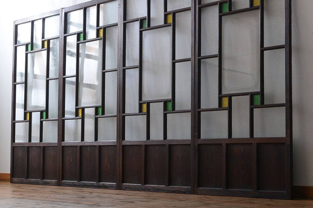 大正ロマン　色ガラス入り幾何学模様の引き戸4枚セット(3)