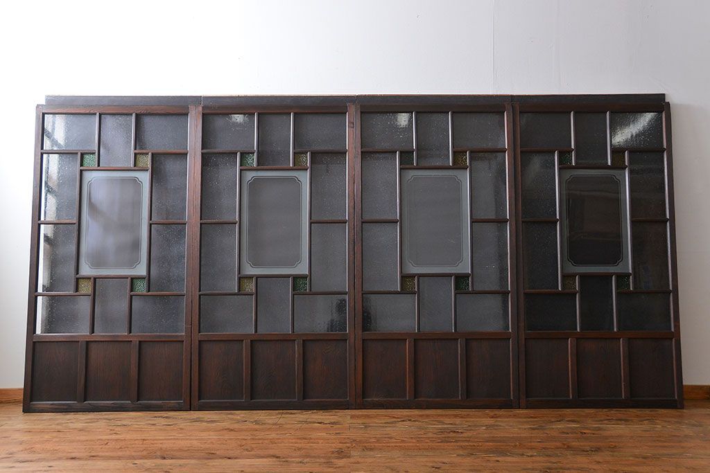 大正ロマン　色ガラス入り幾何学模様の引き戸4枚セット(3)