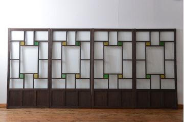 大正ロマン　色ガラス入り幾何学模様の引き戸4枚セット(3)